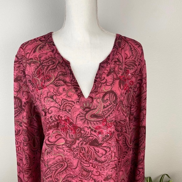 Venezia, Plus Size 22/24 Long Sleeve V-Neck Paisley Embroidered Pink Blouse EUC - Picture 2 of 9